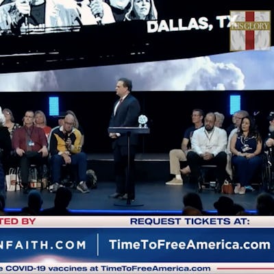 Screenshot from the online broadcast of the ReAwaken America event in Dallas, Texas.