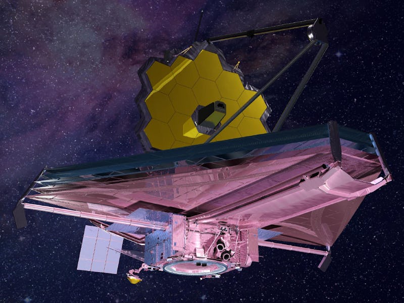 A 3D illustration of the James Webb space telescope on the launchpad