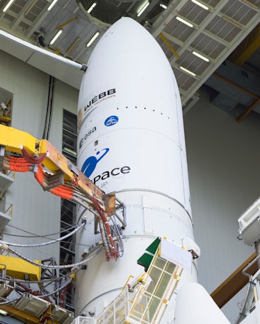 The faring of the Ariane 5 rocket that will take the James Webb Space Telescope to its perch in spac...