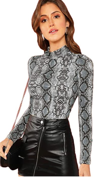 Floerns Long Sleeve Mock Neck Slim Snakeskin Top