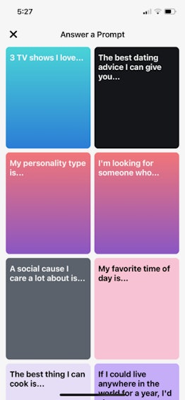 A screenshot showing Facebook Dating prompts.