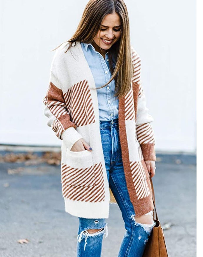 MEROKEETY Plaid Long Sleeve Open Front Cardigan