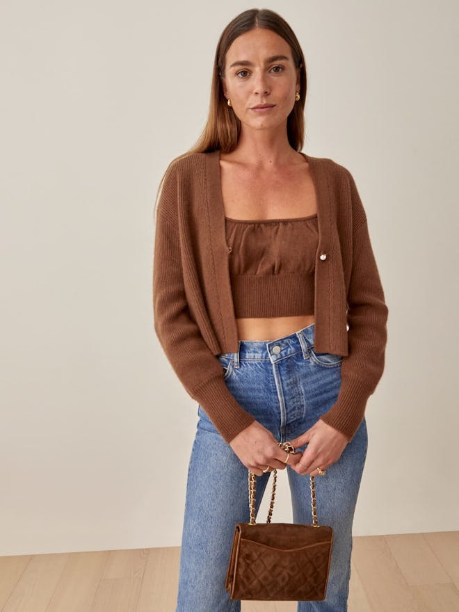 Reformation brown tank and cardi set.