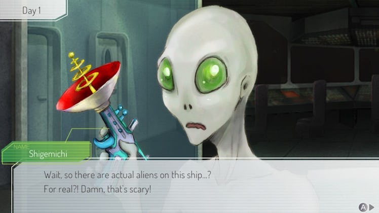 A screenshot featuring a dialogue segment with an alien in the game Gnosia