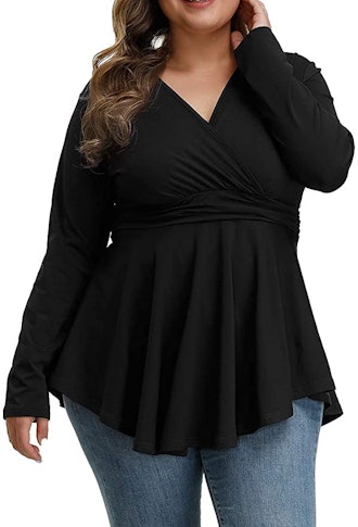 ALLEGRACE Long-Sleeved Faux Wrap Tunic Tee