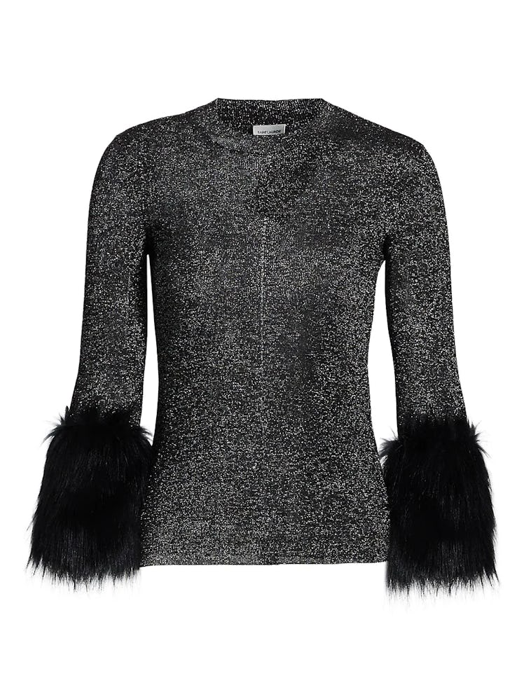 Saint Laurent's Ribbed Metallic Faux Fur Sweater.