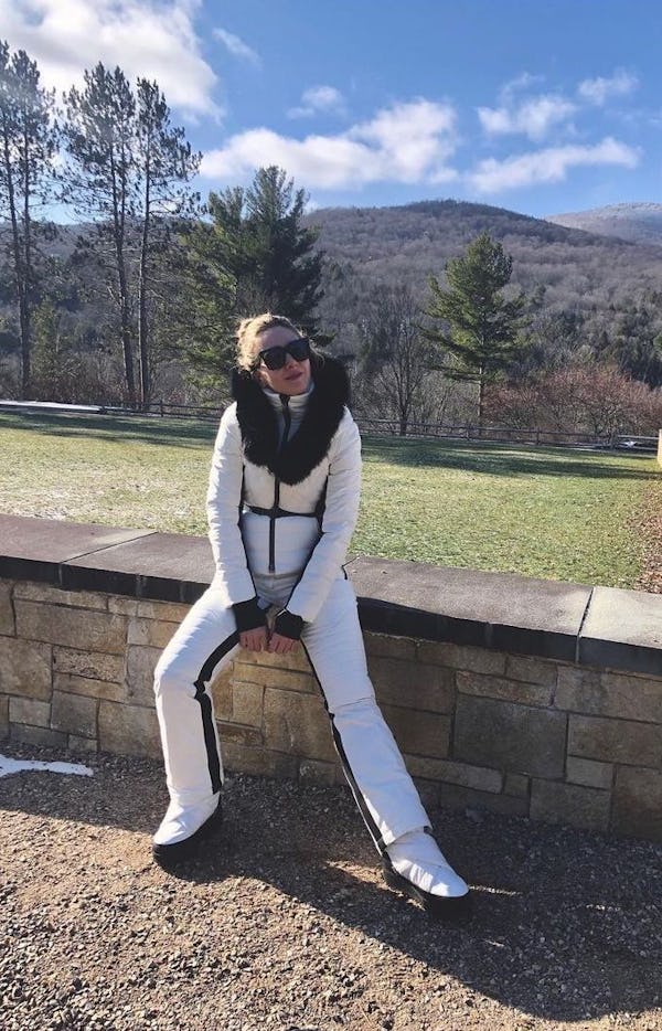 A white puffer jacket by Mackage worn in Stowe, VT for skiing.