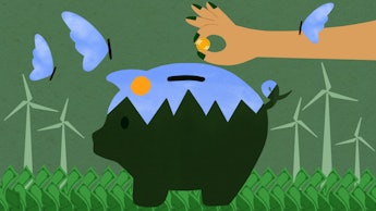 An illustration of a hand dropping coins into a piggy bank with windmills and butterflies in the bac...