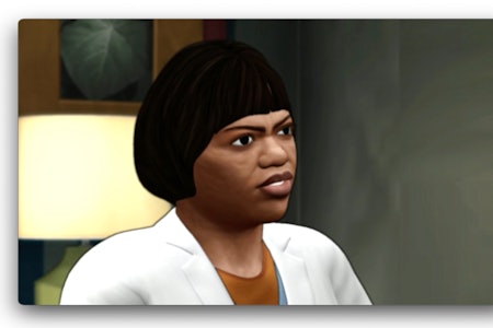 A screenshot of Miranda's strangely shaped head in the 'Grey's Anatomy' game