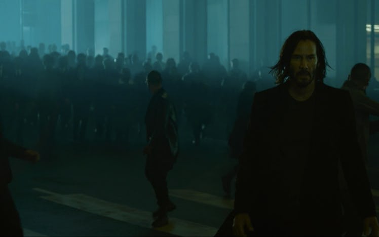 Keanu Reeves in a zombie scene in "The Matrix Resurrections"