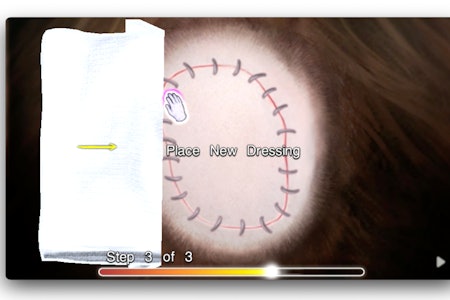 A screenshot of surgery in the 'Grey's Anatomy' game that reads "Place new dressing"