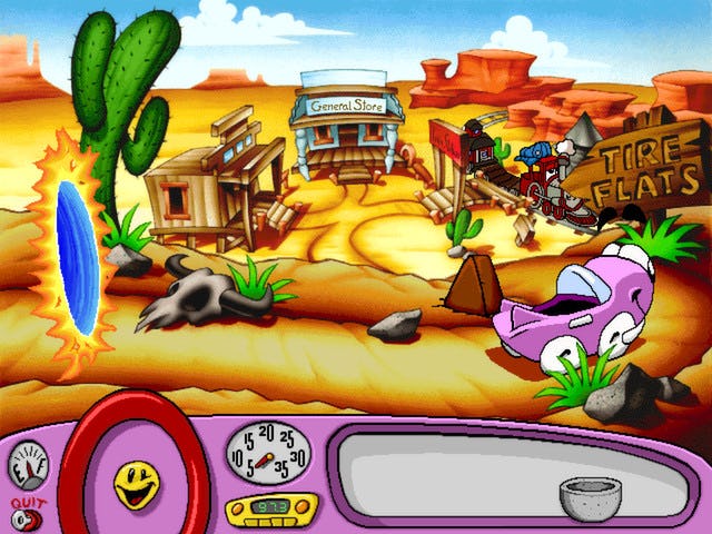 Screenshot from Putt-Putt Travels Through Time game, showing blue portal, desert landscape, old west...