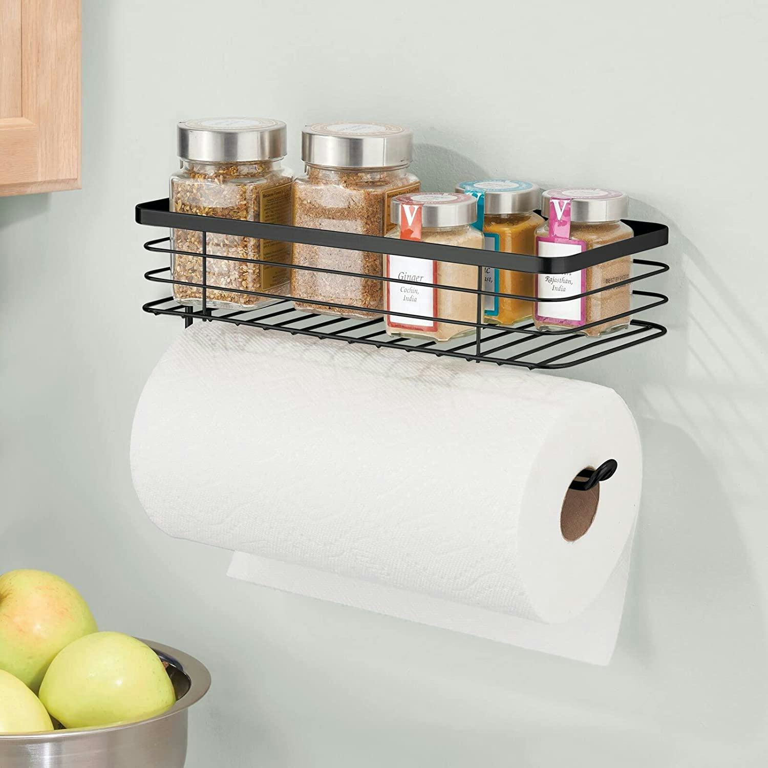 mDesign Paper Towel Holder with Spice Rack and Multi-Purpose Shelf