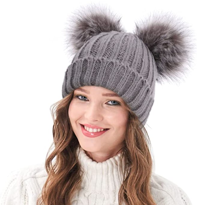 Arctic Paw Sweater Knit Faux Fur Double Pompom Beanie