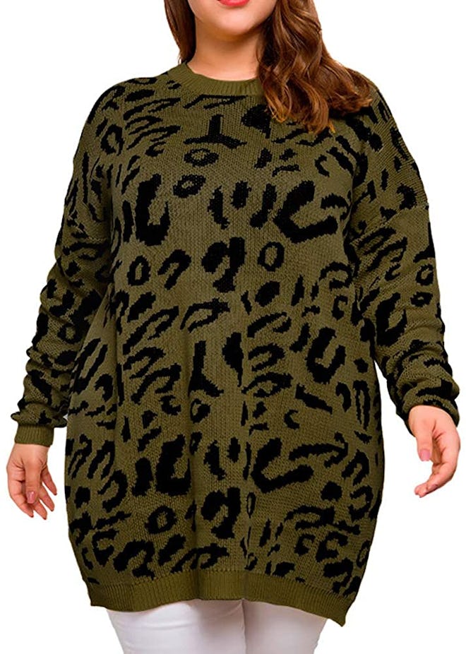 This leopard-print crewneck tunic sweater makes a statement.