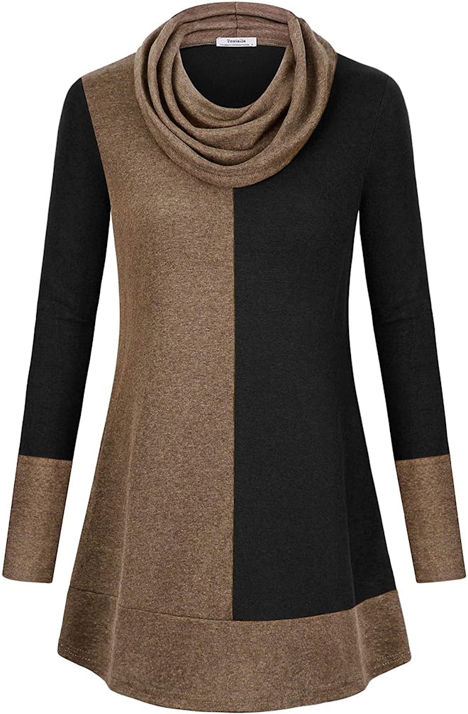 This cowl neck tunic sweater has a retro-chic vibe.