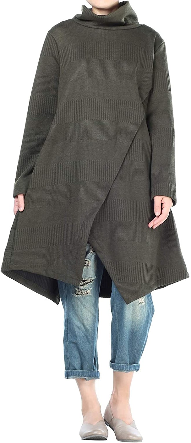 This wrap-style tunic sweater feels like a cozy cocooon. 