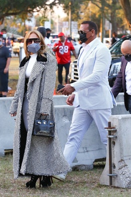 Jennifer Lopez wears houndstooth maxi coat, 2021.
