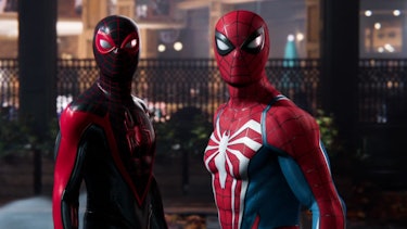 Peter Parker and Miles Morales in their Spider-Man costumes from 'Marvel's Spider-Man 2'