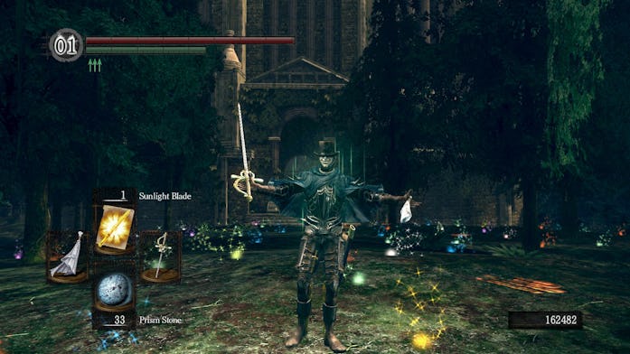 Screengrab of Dark Souls 3 RPG game showing character, health bars, and usable items in gritty, medi...