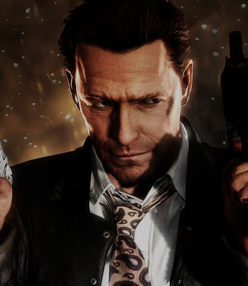 Man with smirking expression wearing suit and tie holding two handguns.