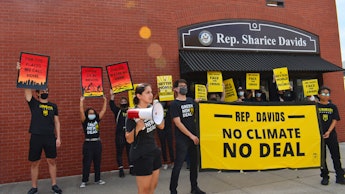 Laela Zaidi protests with her Sunrise Movement chapter.