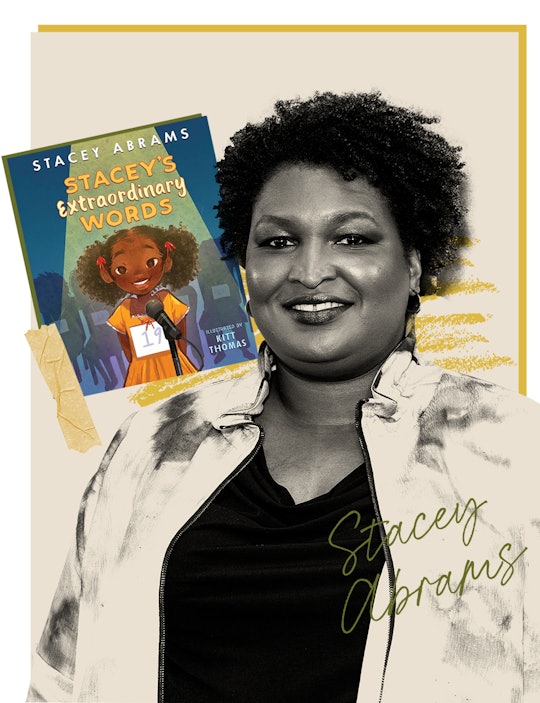 A collage with the cover of 'Stacey's Extraordinary Words' and a photo of Stacey Abrams