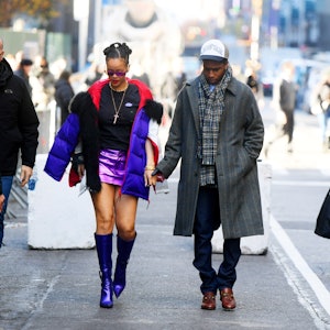 Rihanna wears Saint Laurent purple miniskirt, 2021.