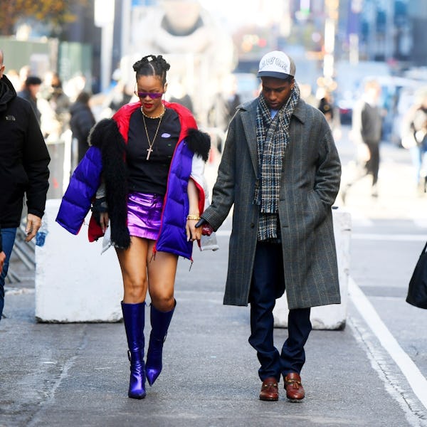 Rihanna wears Saint Laurent purple miniskirt, 2021.