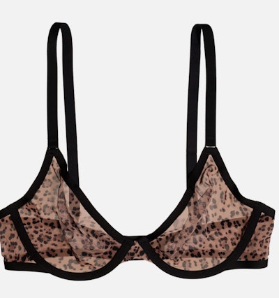 Image of a mesh bra with leopard print and black trim.