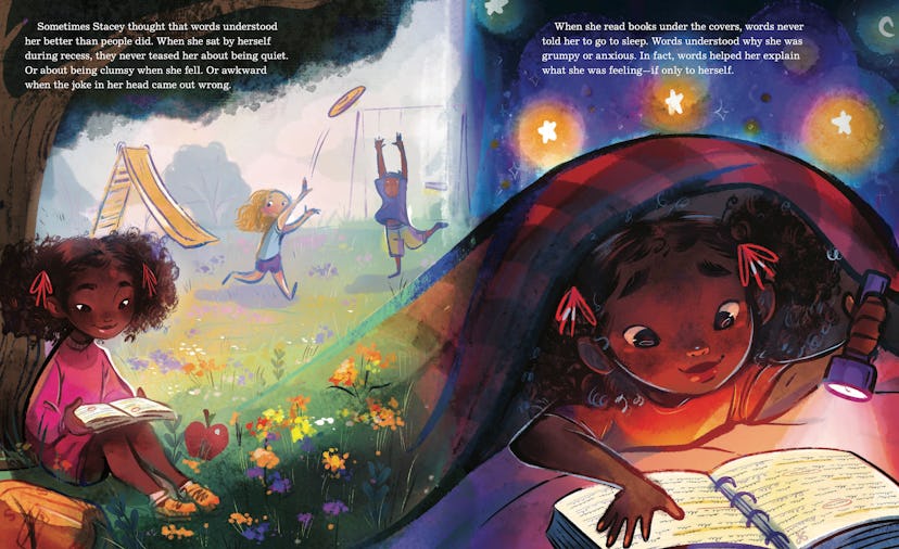 An interior spread from Stacey’s Extraordinary Words, showing a little Stacey reading a book at the ...