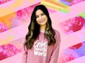 Miranda Cosgrove in a "Girls Save The World" shirt in front of a multicolored background
