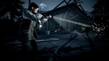 Screengrab from Alan Wake game showing man holding flashlight in the dark with mysterious abandoned ...