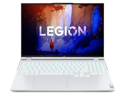 The white Legion 5 Pro from the front with screen and keyboard fully visible.