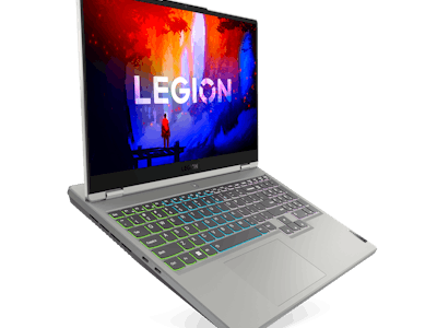 A front side-angle view of the Legion 5 with the 15-inch screen and keyboard visible