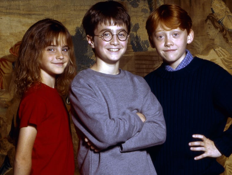 Rupert Grint, Emma Watson, Dan Radcliffe in the first Harry Potter press photo