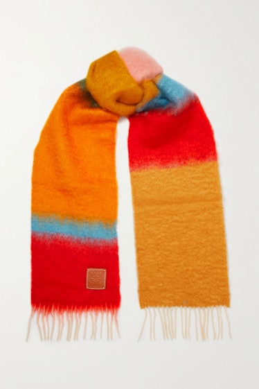 Leather-Trimmed Fringed Striped Mohair-Blend Scarf