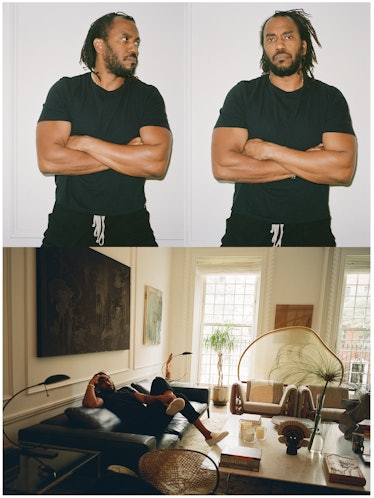 Rashid Johnson wears his own T-shirt, jewelry, and Rick Owens trousers as a uniform in his home.