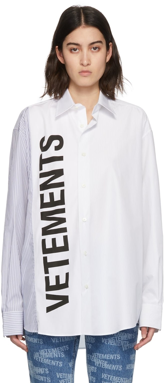 Vetements White & Blue Striped Cut-Up Logo Shirt