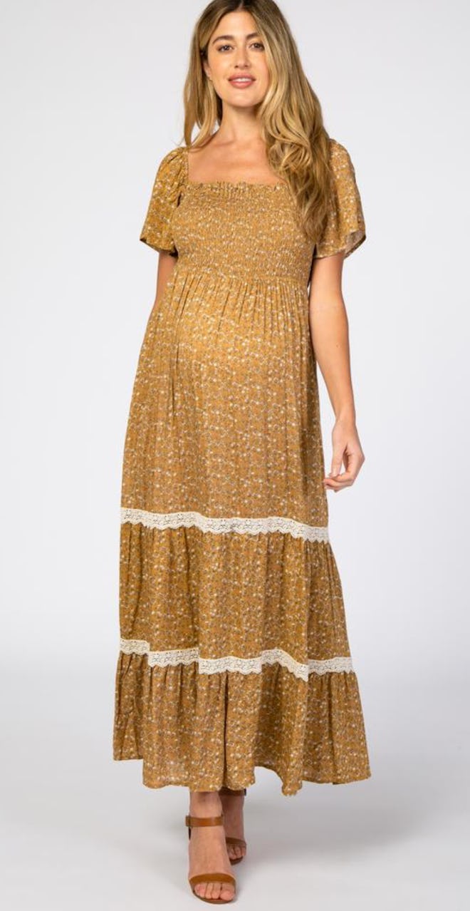 Gold Floral Square Neck Smocked Front Lace Trim Maternity Maxi Dress