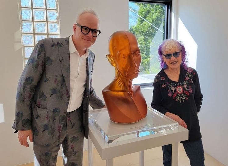 Hans Ulrich-Obrist and Judy Chicago with one of her sculptures
