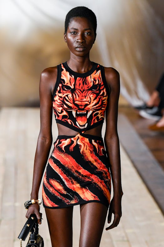 A model walks the runway during the Roberto Cavalli Ready to Wear Spring/Summer 2022 fashion show 