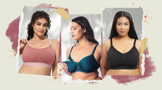 Three models wearing plus-size nursing bras in pink, green and black