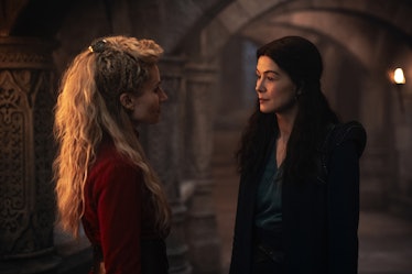 Kate Fleetwood (Liandrin Guirale) and Rosamund Pike (Moiraine Damodred) star in The Wheel of Time.