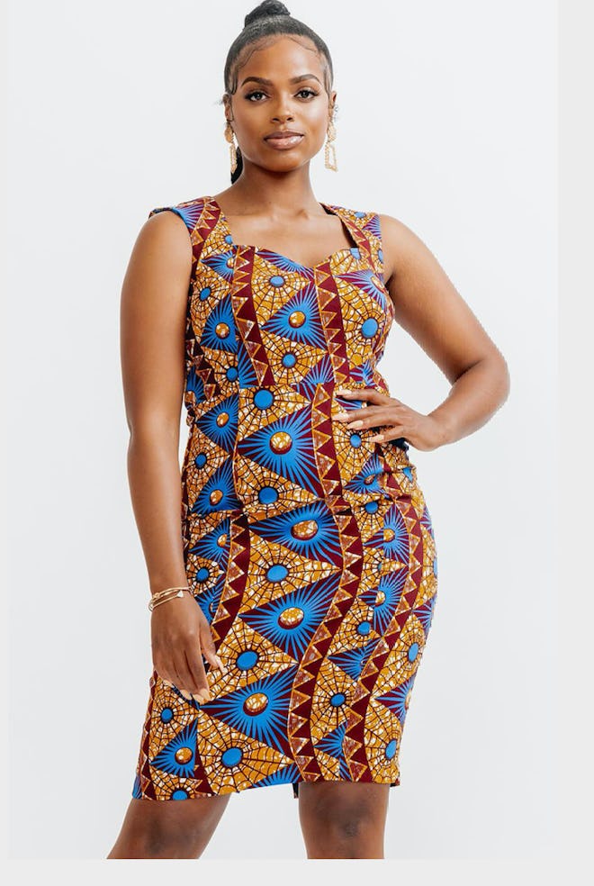 Kamaria African Print Stretch Sweetheart Dress (Blue Pyramids)- Clearance