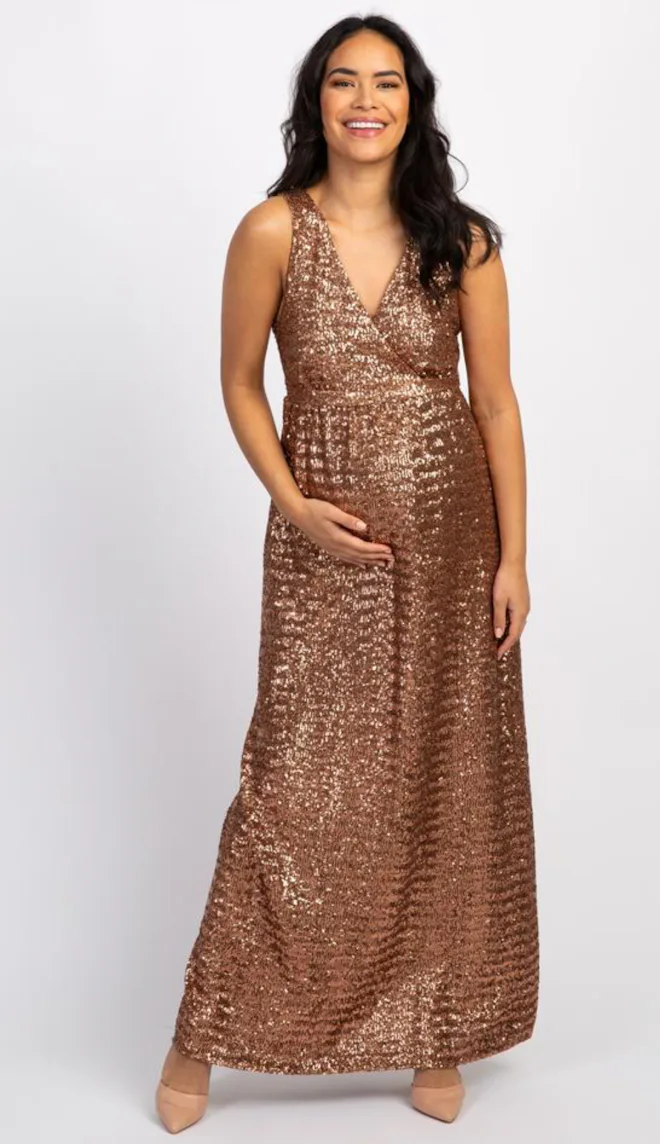 10 Sparkly Gold Maternity Dresses For Weddings, Parties, & More 10 Sparkly Gold Maternity Dresses For Weddings, Parties, & More