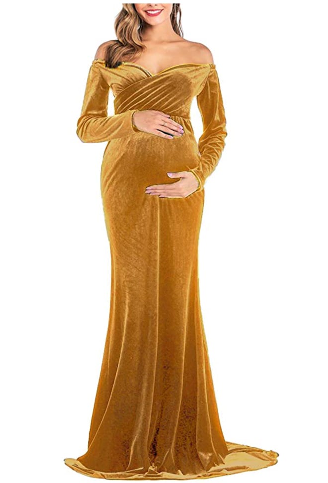 Velvet Maternity Off Shoulder Gold Maternity Dress