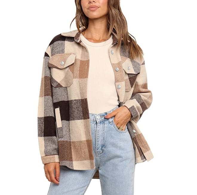 UANEO Casual Plaid Wool Blend Button Down Long Sleeve Shirt Jacket 