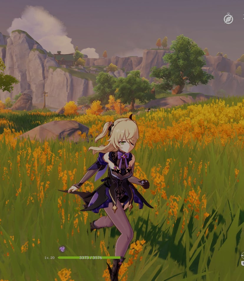 Screengrab of Genshin Impact game showing anime girl with blonde hair in purple dress running throug...