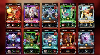 Screengrab from play to earn game Splinterlands, showing 10 different cards collected with different...